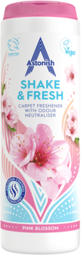 Astonish Shake & Fresh carpet freshener, Pink Blossom scent, white bottle with pink cap, front view.