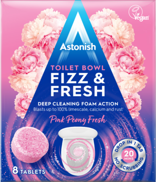 Różowe pudełko tabletek Astonish Toilet Bowl Fizz & Fresh Pink Peony, z kwiatami i widokiem toalety, przód.