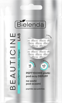 Bielenda peptide eye patches na worki pod oczami, w srebrnej saszetce. Widoczne dwa białe płatki DEPUFF.