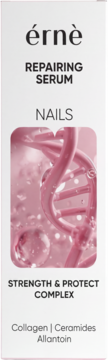 Érné Repairing Serum for Nails, white box with pink DNA graphic, showing Collagen, Ceramides, Allantoin. Front view.