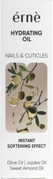 Érnè Hydrating Oil for Nails & Cuticles, white box. Olive illustration; softens with Olive, Jojoba, Almond Oils.