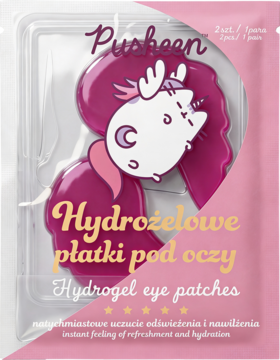 Pusheen hydrożelowe płatki pod oczy w kształcie różowej głowy Pusheen z grzywą, widok z przodu opakowania.