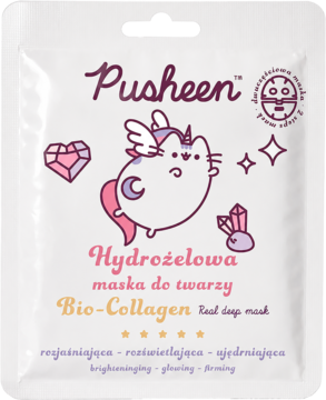 Biała saszetka z hydrożelową maską Pusheen Bio-Collagen, rozjaśniająco-ujędrniająca. Na środku kot Pusheen jednorożec.