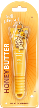 Selfie Project Honeybutter Charming Lip Oil w żółtym blistrze, z zawieszką pszczoły. Nawilżające, dla ust milky glazed.