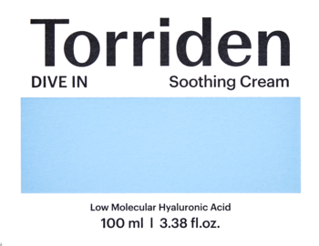 Torriden DIVE IN Soothing Cream 100ml, kojąco-nawilżający krem z kwasem hialuronowym, białe opakowanie, widok z przodu.