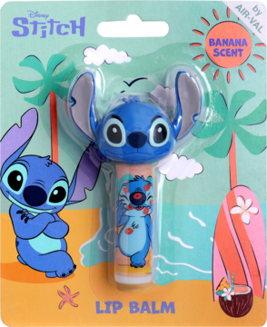 Balsam do ust Disney Stitch z główką 3D, zapach bananowy. Kolorowe opakowanie z motywem plaży. Widok z przodu.