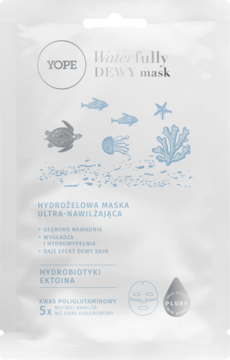 Biała saszetka maski hydrożelowej YOPE Waterfully DEWY, ultra-nawilżająca, z grafiką żółwia i meduzy, widok z przodu.