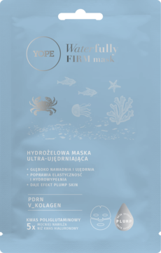 YOPE Waterfully Firm hydrożelowa maska ujędrniająca. Jasnoniebieska saszetka z grafikami morskimi, widok z przodu.