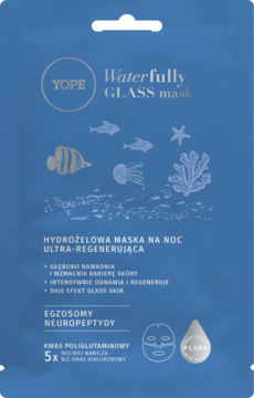 Hydrożelowa maska na noc YOPE Waterfully Glass Mask w niebieskiej saszetce z morską grafiką i polskim opisem.