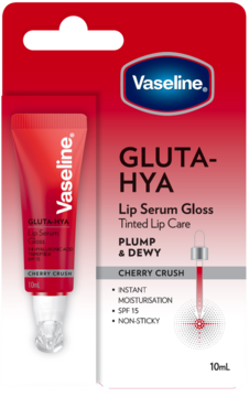 Vaseline Gluta-Hya Lip Serum Gloss Cherry Crush SPF 15, czerwono-białe opakowanie, widok przodem.