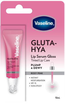 Vaseline Gluta-Hya Lip Serum Gloss Rosy Pink w różowym opakowaniu kartonowym z widoczną tubką. SPF 15.