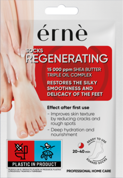 Biała saszetka Erne Regenerating Socks z masłem shea i potrójnym kompleksem olejków, na popękane stopy, widok z przodu.