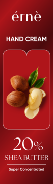 ÉRNÈ HAND CREAM, 20% Shea Butter. Czerwona etykieta z grafiką: orzechy shea, masło i liście, widok frontalny.