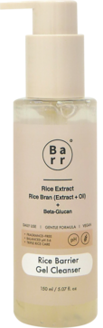 Barr Rice Barrier Gel Cleanser 150ml in a clear bottle with beige pump, enriched with rice extract, frontal.