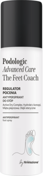 Podologic Advanced Care Antyperspirant do stóp, biały spray z czarną nakrętką, widok z przodu, z ilustracją stopy.