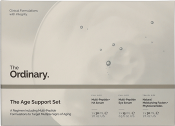 Grafika The Ordinary Age Support Set: 3 produkty z peptydami i kremem nawilżającym, celujące w oznaki starzenia, widok frontalny.