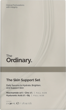The Ordinary The Skin Support Set w szaro-beżowym pudełku. Zestaw serum z niacynamidem i kwasem hialuronowym, widok z przodu.