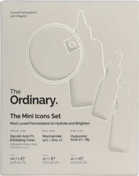 The Ordinary Mini Icons Set. Białe opakowanie do nawilżania z tonerem, niacynamidem, hialuronem. Z przodu.