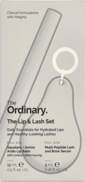 The Ordinary Lip & Lash Set box: Squalane + Amino Acids Lip Balm with keyring & Multi-Peptide Lash Serum. Frontal view.
