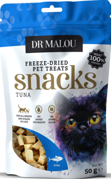 Dr Malou Liofilizowane przekąski dla kota z tuńczyka, biało-niebieska torebka z kotem, widok z przodu.