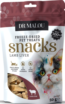 Dr Malou liofilizowane przysmaki dla kota, wątroba jagnięca, opakowanie z barwnym kotem, widok z przodu.