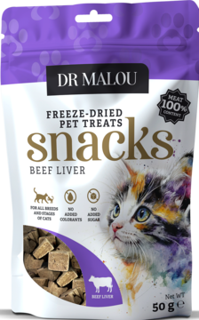 Opakowanie Dr Malou Freeze-Dried Pet Treats Snacks Beef Liver, biało-fioletowa torebka z kotem i kawałkami wątroby wołowej.