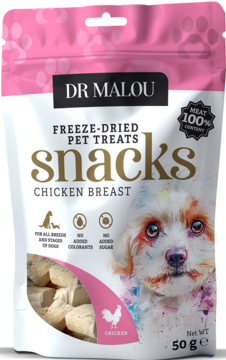 Dr Malou liofilizowane przysmaki z kurczaka dla psa, w różowo-białej torebce z psem, 100% mięsa.