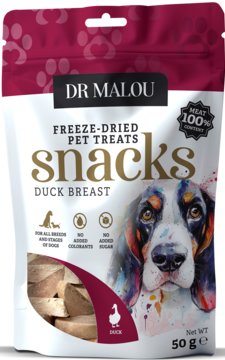 Przysmaki Dr Malou dla psa, 100% liofilizowana pierś kaczki 50g, biała torebka, widok z przodu.