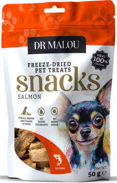 Dr Malou przysmaki dla psa: liofilizowane kostki z łososia 100% mięsa, pomarańczowo-biała torebka, front.