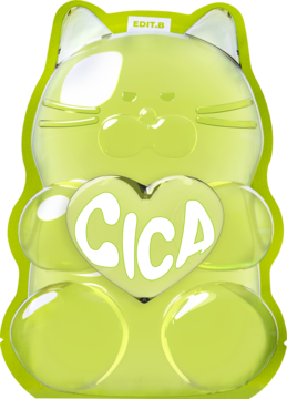 Kojąca maseczka Gummy CICA w kształcie błyszczącego, jasnozielonego kota z napisem CICA na sercu.