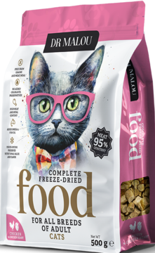 Karma dla kota Dr Malou Liofilizowana Kurczak z sercami, różowo-białe opakowanie z kotem, 500g.