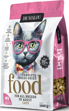 Dr Malou karma dla kota, liofilizowany kurczak z sercami. Biała torebka z kotem w różowych okularach, 1000g.