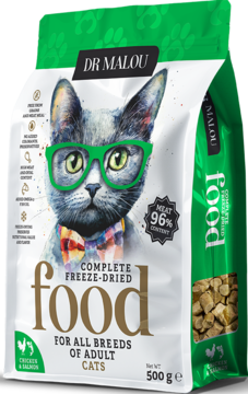 Dr Malou liofilizowana karma dla kota Kurczak z łososiem, zielona torba z kotem w okularach, widok z przodu.