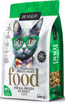 Opakowanie liofilizowanej karmy dla kota Dr Malou Kurczak Łosoś, biało-zielone, z kotem w okularach, widok z przodu.