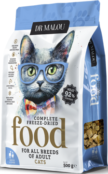 DR MALOU liofilizowana karma dla kotów Kaczka z jagnięciną, biało-niebieska torba z kotem w okularach, widok z przodu.