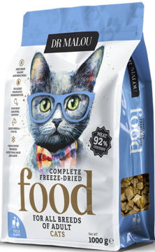 Karma Dr Malou liofilizowana kaczka z jagnięciną, 1000g, biało-niebieska torba z kotem w okularach, przód.