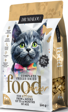 Dr Malou freeze-dried kitten food chicken, goat milk, egg yolk 500g, white-gold bag, kitten graphic.