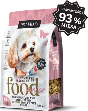 DR MALOU liofilizowana karma dla szczeniąt kaczka, biało-różowa torba z psem i 93% mięsa.