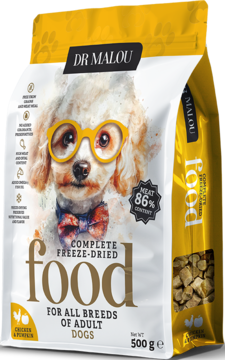 Dr Malou liofilizowana karma dla psów kurczak i dynia, biało-żółta saszetka, widok z przodu z psem w okularach.