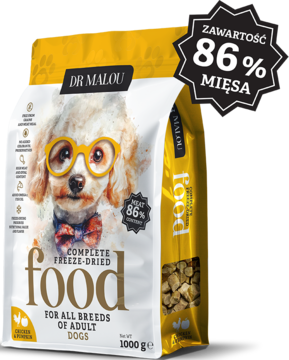 Dr Malou liofilizowana karma dla psa, biało-żółta torba z psem w okularach, 86% mięsa.