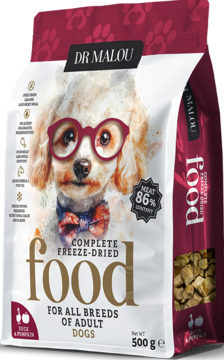 Liofilizowana karma dla psa Dr Malou Kaczka z Dynią 500g, biała torba z psem w okularach, z przodu.