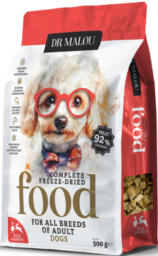 Dr Malou liofilizowana karma dla dorosłych psów, Kaczka z Królikiem. Biała torba z psem w okularach, widok z przodu.