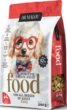 Opakowanie karmy Dr Malou Kaczka z Królikiem, liofilizowana dla psów, 1000g, białe z psem w okularach.