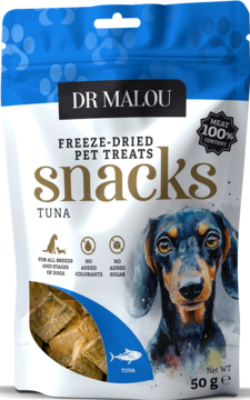 Dr Malou liofilizowane przysmaki dla psa z tuńczyka, biała torebka z jamnikiem, okienkiem i 100% mięsa, widok z przodu.