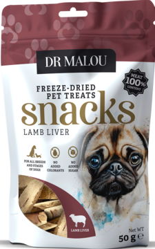 Dr Malou liofilizowane przysmaki z wątroby jagnięcej, biała torebka z mopsa, widok z przodu, 50g.