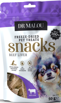 Dr Malou Freeze-Dried Beef Liver Snacks, fioletowo-biała torebka z psem i widoczną wołowiną, widok z przodu.