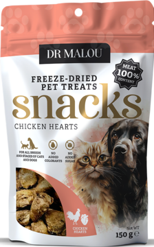 Biała saszetka Dr Malou, liofilizowane przekąski z serc kurczaka dla psa i kota, z oknem na smakołyki.