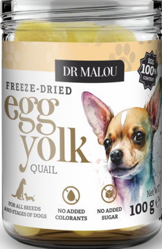 Widok z przodu słoika Dr Malou z liofilizowanym żółtkiem przepiórczym dla psów. Etykieta z psem chihuahua, 100g.