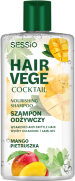 Sessio Hair Vege Cocktail Szampon Odżywczy z Mango i Pietruszką, biała butelka dla włosów osłabionych, widok z przodu.