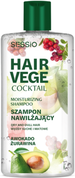 Sessio Hair Vege Cocktail Nawilżający szampon Awokado Żurawina do włosów suchych, z zieloną nakrętką, przód.